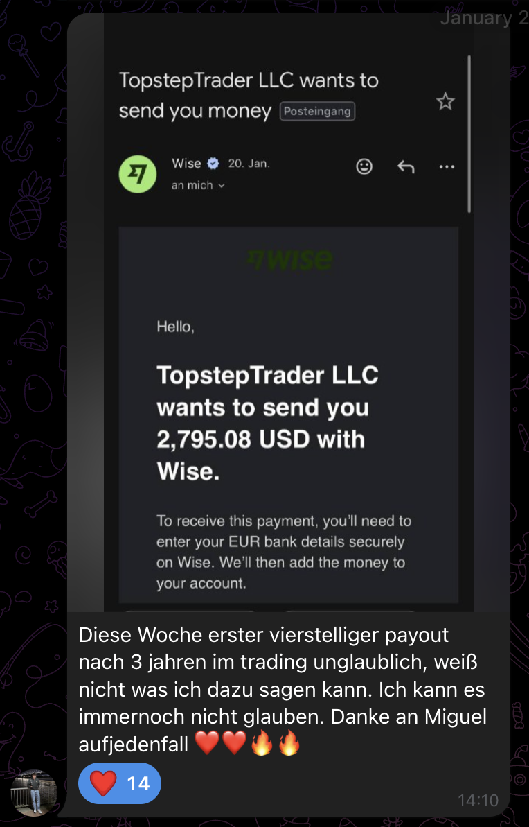 Screenshot aus der MSCM Community: Auszahlungsmail über 2.795,08 USD von TopstepTrader